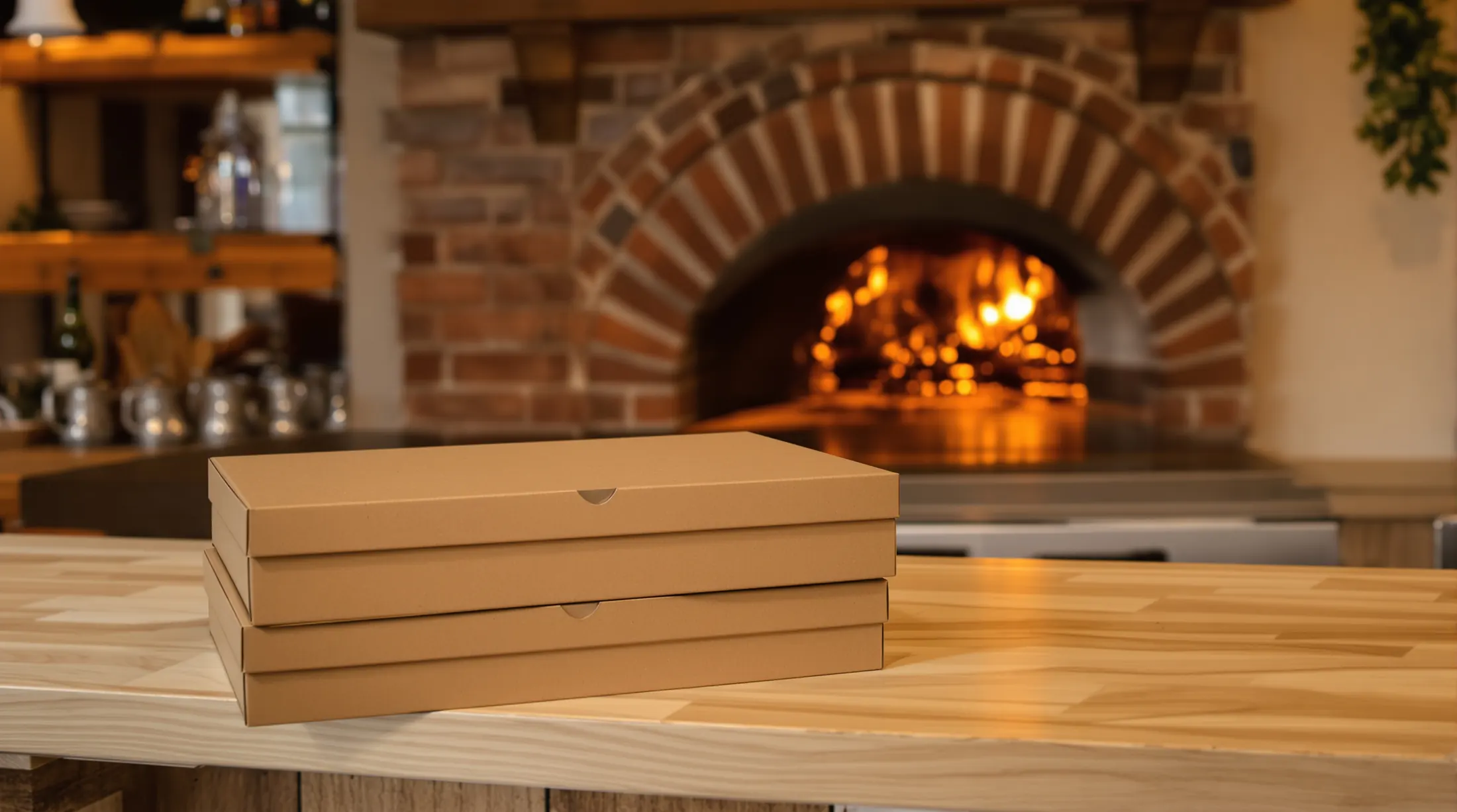 Pizzakartons auf der Theke vor dem Steinofen