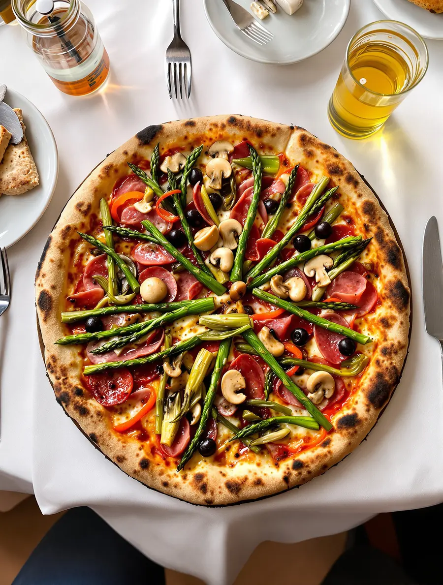 Pizza Le Palme mit Spargel, Oliven und Artischocken