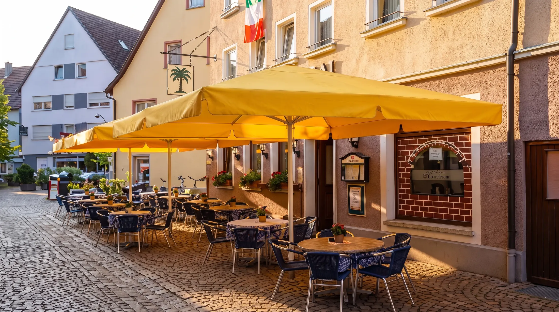 Gartenwirtschaft mit gelben Schirmen in der Pfarrgasse