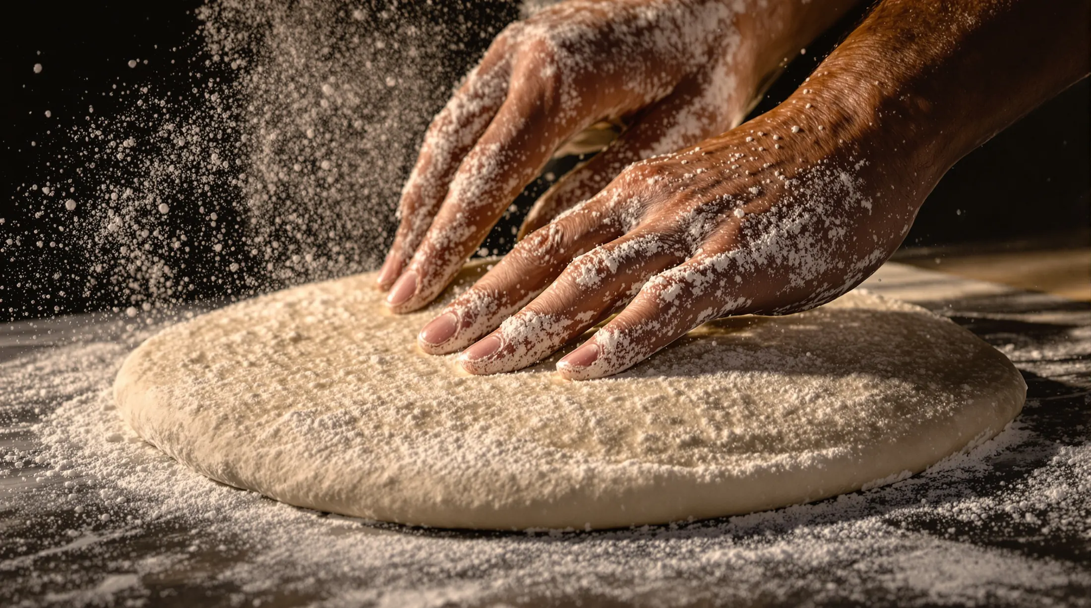 Hände ziehen einen Pizzateig aus